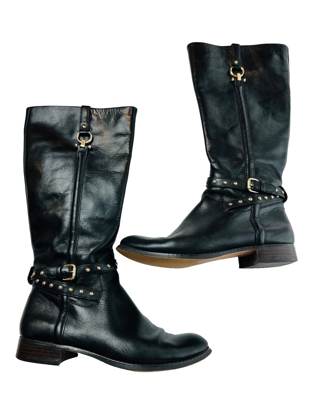 Coach Maddie Black Leather Studded Buckle Riding Boots